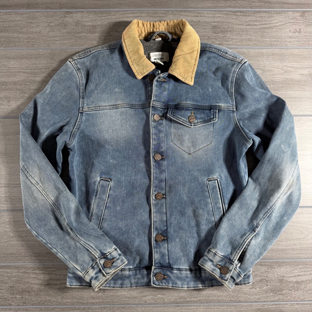 Only & Sons Mens Denim Trucker Jacket Blue Corduroy Collar Small 2018
